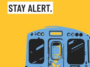 A billboard of a passenger train on a yellow background